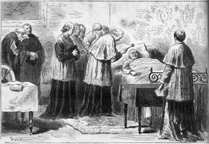 Decesso di Papa Pio IX (1792-1878): rituale del riconoscimento della morte del Papa. Un cardinale colpisce la fronte del defunto con un martello d