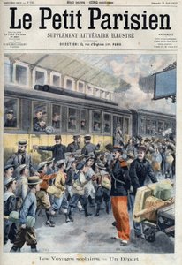 Partenza alla stazione per una gita scolastica. I bambini salgono sul treno, in "Le petit Parisien"