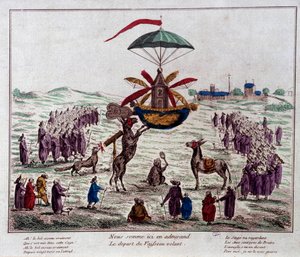 Partenza della nave satirica volante sulla macchina volante immaginata da Jean-Pierre Blanchard (1753-1809): asini, scimmie e ciechi guardano la strana macchina dotata di sei ali e un timone. Incisione della fine del XVIII secolo. Parigi, Museo Carnavalet da French School