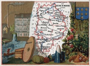 Dipartimento di Senna e Marna (Seine-et-Marne, 77), Île-de-France, Francia. Specialità locale: fabbrica di cioccolato Menier a Noisiel-sur-Marne, vetreria, mola. Serie sui Dipartimenti Francesi. Cromolitografia "il filo geografico", circa 1920. Collezione 
