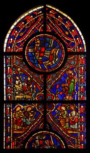 Parte di una finestra della chiesa di Varennes-Jarcy; scene includono l