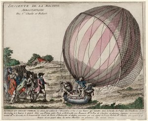 Discesa della Macchina Aerostatica dei Sigg. Charles e Robert, pub. 1783 (incisione colorata a mano) da French School