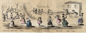 Descrizione dei passatempi e giochi dei bambini: giochi delle bambine, gioco dei quattro angoli, salto della corda, corsa per il traguardo, cerchio e volante. Tavola "I giochi dell