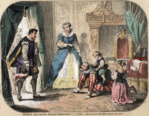 Descrizione dei giochi e dei passatempi dei bambini: Re di Francia Enrico IV (1553-1610) che gioca con i suoi figli (probabilmente Luigi XIII ed Elisabetta di Francia) davanti all