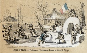 Descrizione dei passatempi e giochi dei bambini: giochi invernali, pattinaggio, slittino e costruzioni di neve. Tavola 