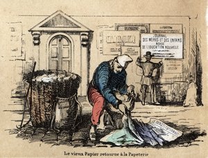 Descrizione dei diversi prodotti e usi della carta: la raccolta di vecchia carta per diventare di nuovo straccio. Tavola "La carta e i suoi prodotti" in "Le ricreazioni istruttive". Dipinto sinottico di Jules Delbruck, incisione del 1860. da French School
