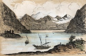 Descrizione dei diversi tipi di paesaggi e rilievi secondo la geografia: dettaglio raffigurante il Lago di Ginevra. Tavola "Geografia fisica" in "Le ricreazioni istruttive". Dipinto sinottico di Jules Delbruck, incisione del 1860. da French School