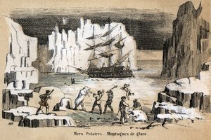 Descrizione dei diversi tipi di paesaggi e rilievi secondo la geografia: dettaglio raffigurante un paesaggio artico con orsi polari e iceberg. Tavola "Geografia fisica" in "Le ricreazioni istruttive". Dipinto sinottico di Jules Delbruck. da French School