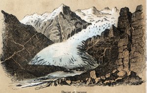Descrizione dei diversi tipi di paesaggi e rilievi a seconda della geografia: dettaglio che raffigura un ghiacciaio (o mare di ghiaccio) in una catena montuosa. Tavola 