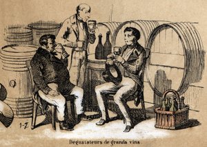 Descrizione dei cinque sensi: dettaglio del gusto, i degustatori di vini pregiati sviluppano il palato assaporando bicchieri in una cantina da French School