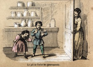 Descrizione dei cinque sensi: dettaglio del gusto, due bambini golosi sorpresi dalla madre che nasconde un vaso dal sapore amaro tra gli altri barattoli di zucchero. Tavola "I cinque sensi" in "Le ricreazioni istruttive". Dipinto sinottico di Jules Delbruc da French School