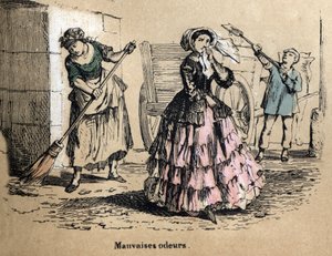Descrizione dei cinque sensi: olfatto, una borghese si tappa le narici per non sentire i cattivi odori di letame e sterco. Tavola 