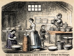 Descrizione dei vari lavori e prodotti delle pecore: giovani allevatori che fanno burro e formaggi in una latteria. Tavola "Le pecore" in "Le ricreazioni istruttive". Dipinto sinottico di Jules Delbruck, incisione del 1860. da French School