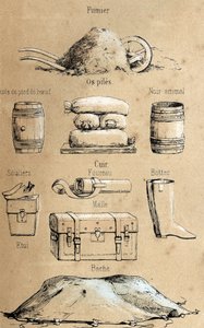 Descrizione dei vari prodotti e usi della mucca: tutti i tipi di oggetti fatti dalla mucca (olio di piede di bue, oggetti in pelle, letame). Tavola "La coache et ses produits" in "les Récréations instructives" Sinottico dipinto di Jules DELBRUCK, incisione da French School