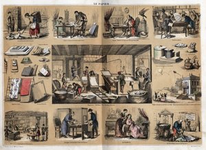 Descrizione dei vari prodotti e usi della carta: al centro attività in una cartoleria, produzione di carta da stracci, polpa, forme e pressa. Vari usi, carta da disegno, Buffon scienziato che scrive la sua Storia Naturale, lettura di giornali pubblici da French School