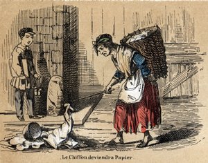 Descrizione dei vari prodotti e usi della carta: la raccolta di vecchi stracci da cui deriva la carta. Tavola "La carta e i suoi prodotti" in "Le ricreazioni istruttive". Dipinto sinottico di Jules Delbruck, incisione del 1860. da French School