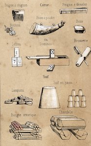 Descrizione dei vari prodotti e usi della mucca: tutti i tipi di oggetti fatti dalla mucca, pettini, giochi e scatole fatte di corno e osso, candele e seguiti. Tavola "La coache et ses produits" in "les Récréations instructives" Sinottico dipinto di Jules 