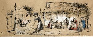 Descrizione dei vari prodotti e usi della mucca: scena di vita quotidiana in un villaggio. Tavola 