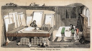 Descrizione delle varie fasi di fabbricazione e uso del vetro: un laboratorio per doratura, lucidatura e stampaggio del vetro. Tavola 
