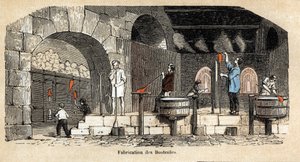 Descrizione delle varie fasi di fabbricazione e usi del vetro: la fabbricazione di bottiglie in un laboratorio di soffiatori di vetro. Tavola "Il vetro e i suoi prodotti" in "Le ricreazioni istruttive". Dipinto sinottico di Jules Delbruck, incisione del 18 da French School