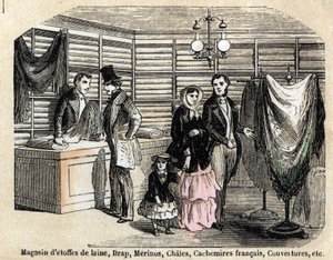 Descrizione dei vari usi e prodotti fatti dalla pecora: vista di un negozio di tessuti di lana e stoffe, lenzuola, cashmere. Tavola "Le pecore" in "Les Recreations instructives". Dipinto sinottico di Jules Delbruck, incisione del 1860. Collezione privata da French School