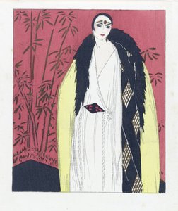 Disegno per un abito da sera con cappuccio bordato di pelliccia, pub. 1924 (stampa pochoir)