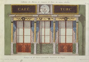 Progetto per la facciata del Cafe Turc, da una serie che raffigura i migliori edifici commerciali decorati di Parigi, c.1810 da French School