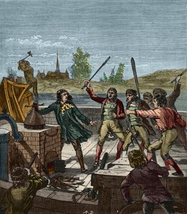 Distruzione della nave a vapore di Papin - Denis Papin (1647-1712) osserva la sua nave a pale distrutta dai barcaioli di Muenden nel 1707 - I barcaioli di Munden distruggono la nave a vapore di Denis Papin (1647-1712) - Incisione in "Scienze alla portata d da French School