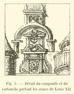 Dettaglio del campanile e del cartiglio con le armi di Luigi XII da French School