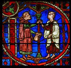(dettaglio) da una vetrata raffigurante scene dal miracolo di Teofilo