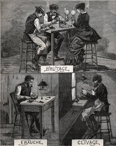 Taglio dei diamanti, suono, grezzo e spacco. Incisione del 1885 in “Les arts et metiers illustres” di Adolphe Bitard. da French School