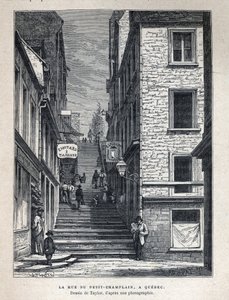 Scopri il Canada: Rue du Petit Champlain a Quebec. Disegno di Taylor da una fotografia. Incisione della fine del XIX secolo in "La nouvelle France" di Eugene Guenin da French School