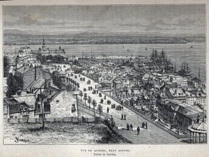 Scopri il Canada: vista della città di Quebec alla fine del XIX secolo. Disegno di Barclay. Incisione della fine del XIX secolo in "La nouvelle France" di Eugene Guenin da French School