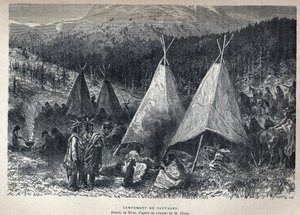 Scoperta del Canada: Campo indiano americano con teepee. Disegno di Riou da uno schizzo di Dixon. Incisione della fine del XIX secolo in "La nouvelle France" di Eugene Guenin da French School