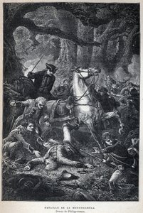 Scoperta del Canada: Battaglia di Monongahela nel 1755 durante la Guerra dei sette anni. Disegno di Philippoteaux. Incisione della fine del XIX secolo in "La nouvelle France" di Eugene Guenin da French School
