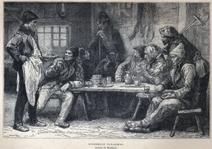 Scoperta del Canada: boscaioli canadesi. Disegno di Maillard. Incisione della fine del XIX secolo in "La nouvelle France" di Eugene Guenin da French School