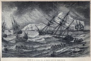 Scoperta del Canada: Pesca del merluzzo sul Grand Bank di Terranova. Incisione della fine del XIX secolo in "La nouvelle France" di Eugene Guenin da French School