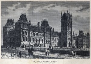 Scoperta del Canada: il Palazzo del Parlamento a Ottawa. Disegno di Deroy da una fotografia. Incisione della fine del XIX secolo in 