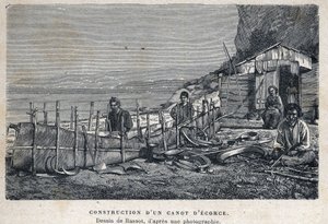 Scoperta del Canada: costruzione di una canoa di corteccia. Disegno di Bassot da fotografia. da French School