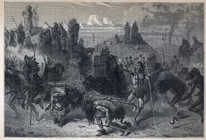 Scoperta del Canada: La danza del bisonte nei Mondanes. Incisione della fine del XIX secolo in "La nouvelle France" di Eugene Guenin da French School