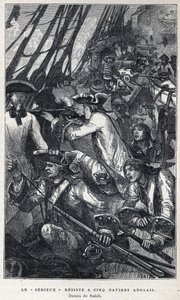 Scoperta del Canada: Jacques Pierre de Taffanel de la Jonquière (1685-1752) ufficiale navale francese al comando della nave francese "Le sérieux" resistette a cinque navi inglesi. Disegno di Sahib. Incisione della fine del XIX secolo in "La nouvelle France