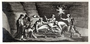 Scoperta delle ossa di un animale preistorico, illustrazione da Histoire naturelle de la Montagne Saint-Pierre de Maastricht di Barthelemy Faujas de Saint Fond (1743-1819) 1799 da French School