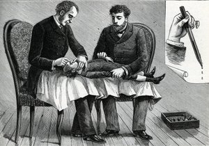 Medici che esaminano gli occhi di un bambino e somministrano colliri (incisione) 1888 da French School