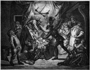 Don Chisciotte combatte i burattini che pensa siano Mori. Incisione di V. Beauce dopo il dipinto di Charles Antoine Coypel (1694 - 1752) che illustra il romanzo di Cervantes (1547-1616). In 