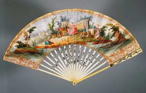 Ventaglio a doppia foglia dipinto con scena pastorale, costole in avorio e argento