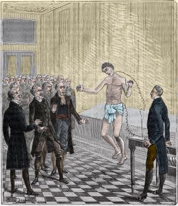 Il dottor Andrew Ure conduce esperimenti voltaici sul corpo del condannato a morte, Clydesdale, nel 1818 - incisione in 