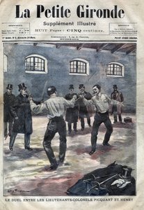 Affare Dreyfus: il duello tra i tenenti colonnelli Georges Picquart (1854-1914) e Hubert Henry (1846-1898) alla scuola militare di Parigi. Copertina di 