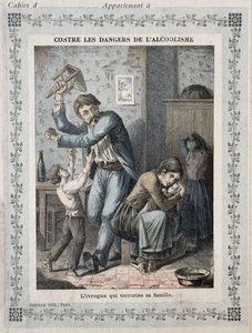 Ubriaco che terrorizza la sua famiglia, copertina di un quaderno scolastico, c.1900 da French School