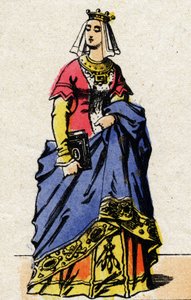Dinastia dei Valois: Ritratto di Carlotta di Savoia (1441-1483) Regina di Francia, moglie di Luigi XI di Francia, detto il Prudente (1423-1483). Immagine di Epinal della fine del XIX secolo. Collezione privata. da French School