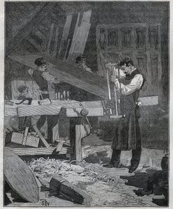 Ebanisteria: lavoratore ebanista che spacca una tavola. Incisione del 1885 in “Les arts et metiers illustres” di Adolphe Bitard.